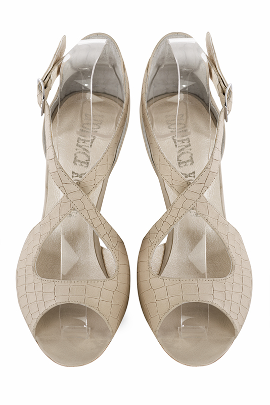 Champagne white women's closed back sandals, with crossed straps. Round toe. Low comma heels. Top view - Florence KOOIJMAN